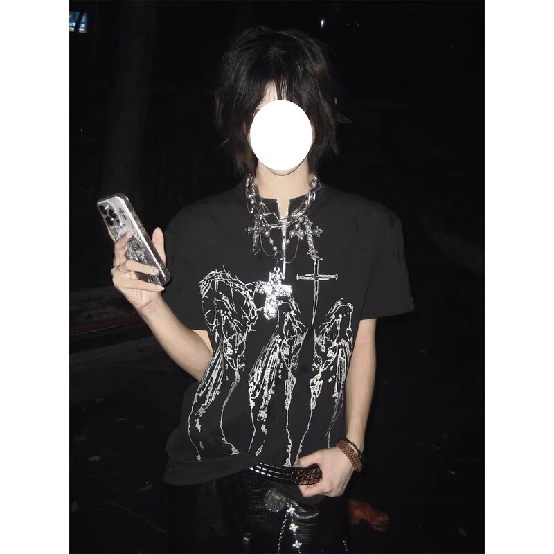 Subculture Style Short-Sleeve T-Shirt for Men and Women, New Summer Model with Zipper, Punk Visual Style, Vintage Top Subculture Style Short-Sleeve T-Shirt for Men and Women, New Summer Model with Zipper, Punk Visual Style, Vintage Top