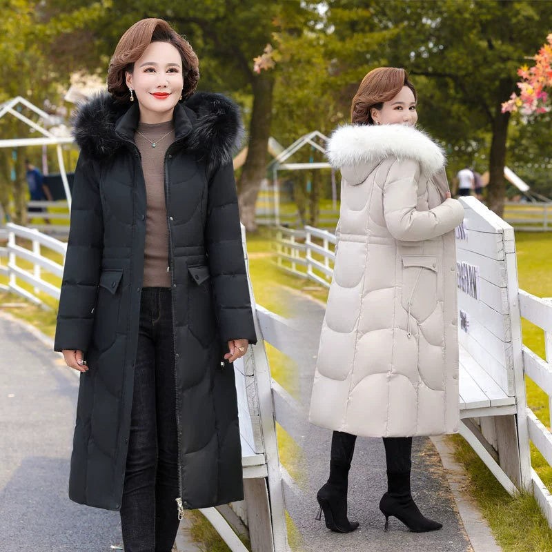 Высококачественный длинный пуховик выше колена 2023, новая цельная теплая дышащая зимняя Горячая пуховая куртка с капюшоном и хлопковой подкладкой