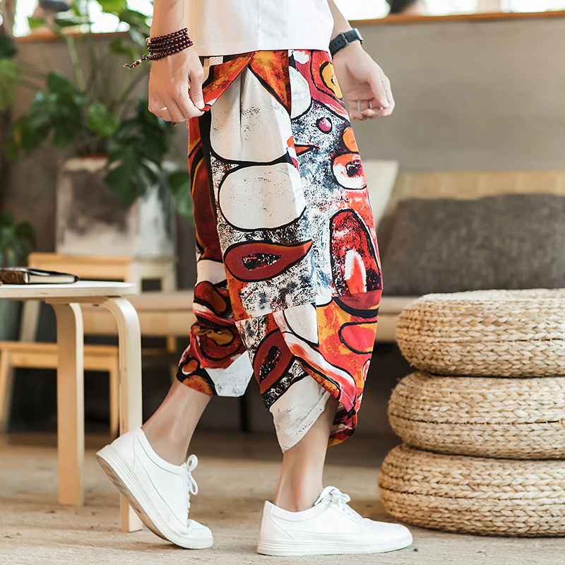 2021 New Summer Men's Ethnic Style Floral Thin Loose Large Size Fashionable Trendy Cotton and Linen Cropped Pants for Youth