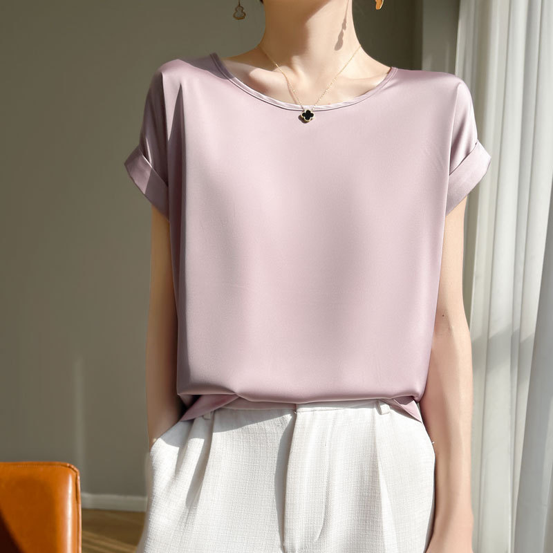 French Heavy Acetic Acid Satin Silk Real Short-sleeved T-shirt Women's 2024 New Round Neck Solid Color Simple All-match Top