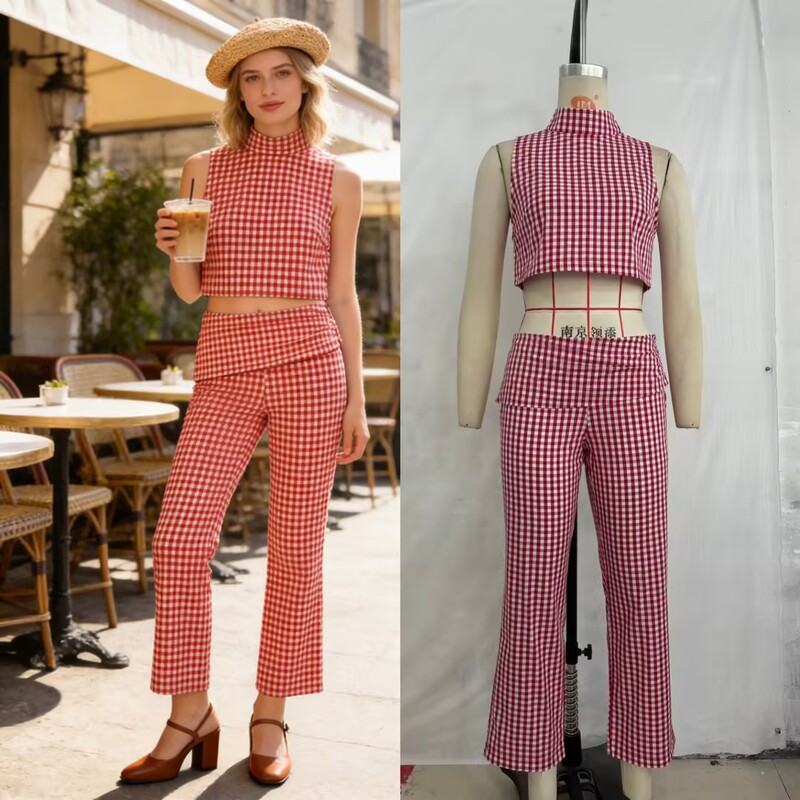 2026 New Foreign Trade Product European and American Style Sleeveless High-Neck Plaid Short Top + Mid-Waist Capri Pants Set