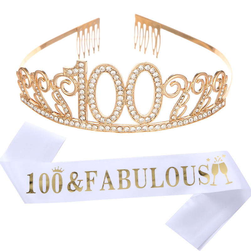 100岁生日皇冠肩带礼仪带 100 fabulous生日腰带水晶合金头饰发饰
