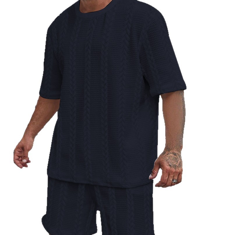 Men's Jacquard Knit Short Sleeve Tee And Shorts Set Solid Color Casual Summer Sport Outfit_viptrois.com