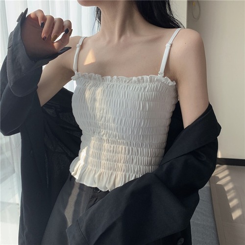 Pleated girl's vest with chest strap, chest pad, outer wear top, summer new style, internet celebrity, beautiful back, tube top camisole for women
