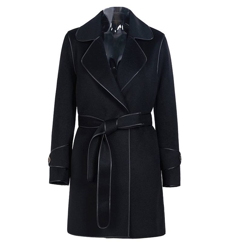 Source factory in stock hot selling 100% wool suit collar edging black simple long belt woolen coat