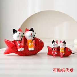 欧式小猫钓鱼摆件 木制动物彩绘玄关书房桌面装饰摆件创意装饰品