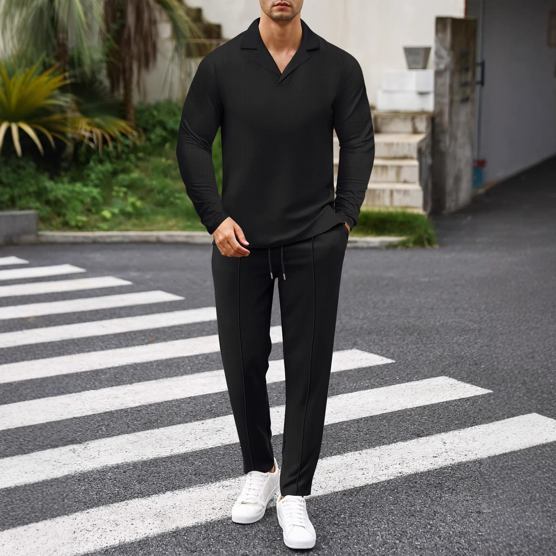 Herren Waffelstrick Business Anzug Set Mit Kragen Und Bindung_voghion.com