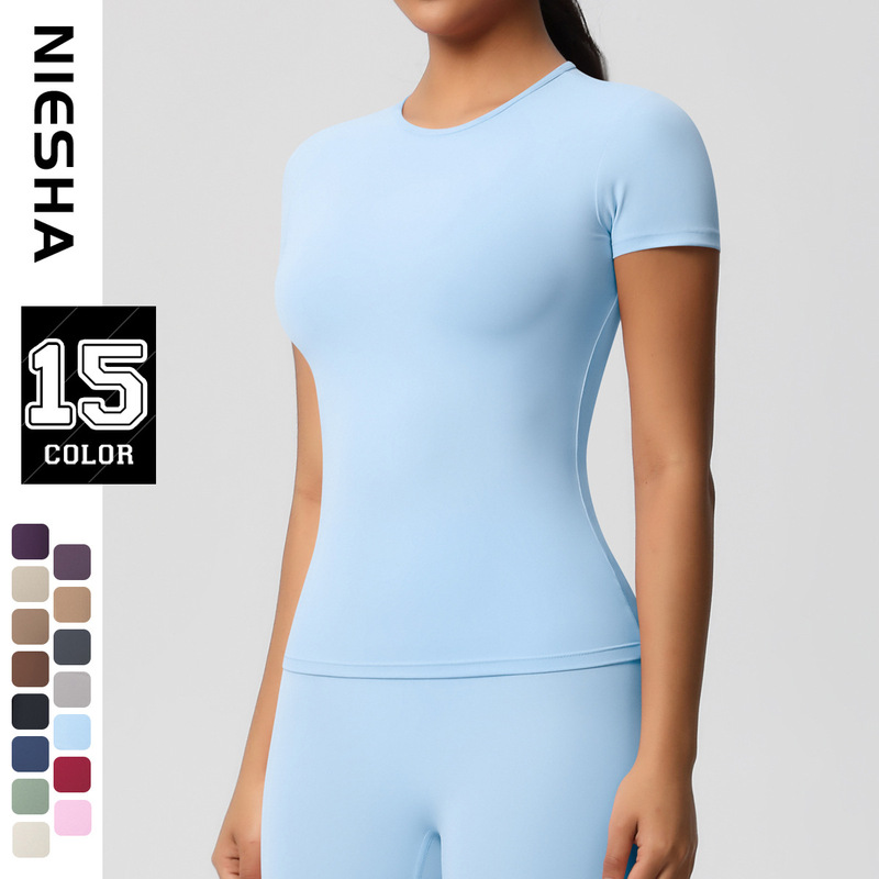 Cross-border European and American T-shirt Quick-drying Naked Skin-friendly Yoga Suit Short-sleeved Slim-fit Fitness Top Outdoor Running Sportswear