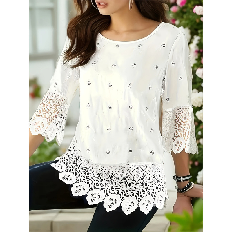 ④R7932026 Cross-Border New European and American Geometric Print Lace Scallop Trim Shirt Elegant Round Neck Three Pieces