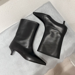 Korean Style French Style Pointed Pussy Boots Women's 2024 Autumn and Winter New Low Heel Thin Heel Vintage Wide Mouth Boots