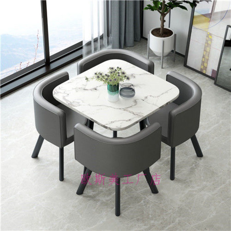 정사각형 흰색 모조 대리석 회색 가죽 의자