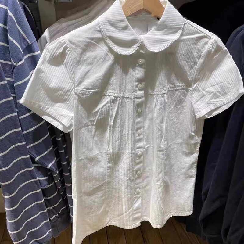 Bm Style American Retro Sweet Doll Collar Bm Short-Sleeved Shirt White with Button Versatile Top for Women Bm Style American Retro Sweet Doll Collar Bm Short-Sleeved Shirt White with Button Versatile Top for Women