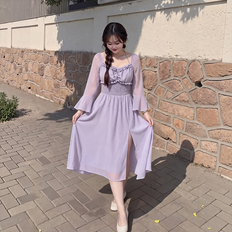 60-150kg Plus-Size Women's Ice Silk Dress for Spring and Autumn, Long-Sleeve French-Style Pocket Nursing Dress for Slightly Plump Women