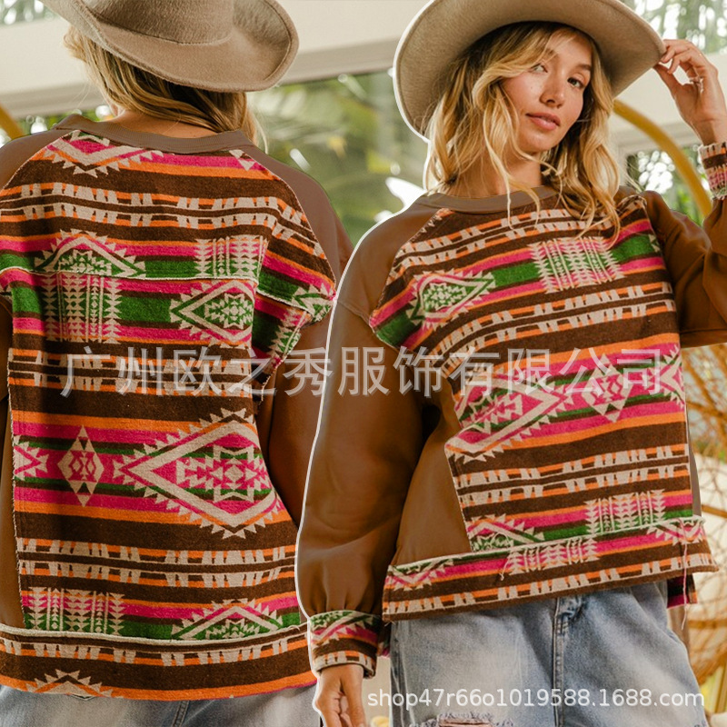 2025 Amazon Ins New Popular Western Retro Sweatshirt European and American Autumn and Winter Aztec Woolen Printed Top