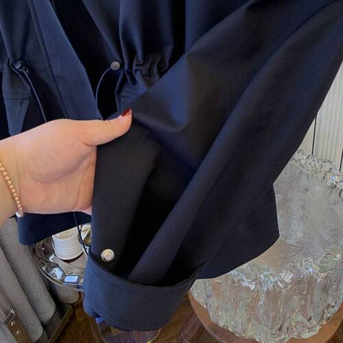 Women's Autumn Workwear Trench Coat: Meadville Style Drawstring Top, Short Fit, Defined Waistline, Baseball-Style Jacket