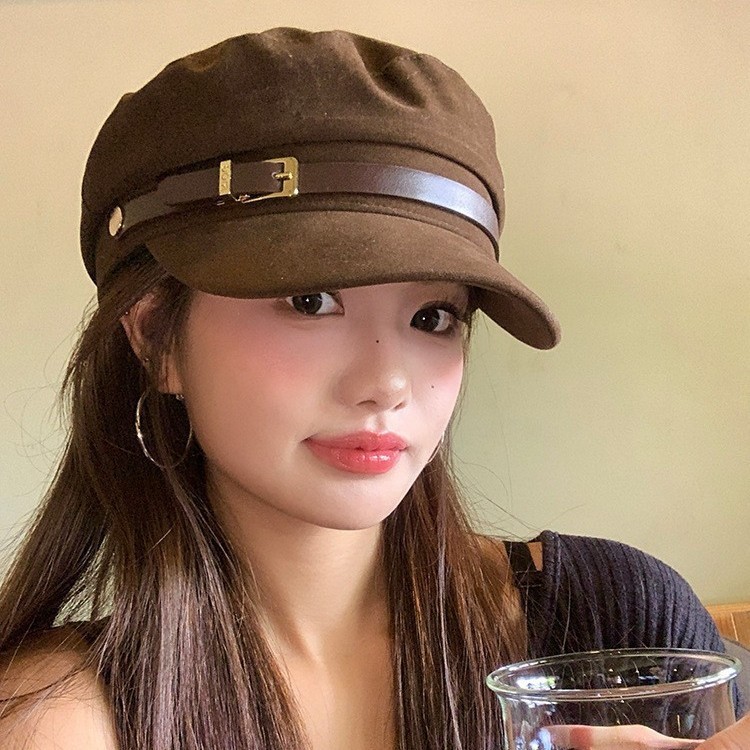 英伦风皮带扣平顶贝雷帽女时尚文艺复古百搭大头围显脸小画家帽子|undefined