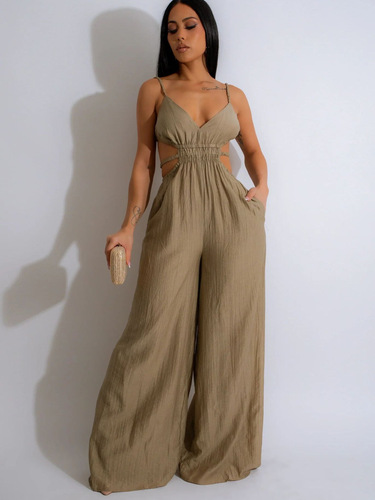 TZ9001 Western and Eastern Pure Color Women's Wide Leg Bodysuit Backless Fashion and Versatile Elegant