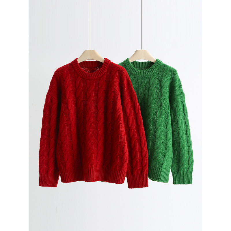 版型好秋冬643克加厚全羊毛粗针圆领宽松麻花毛衣针织打底衫A1029