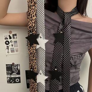 Korean Style Leopard Print Aesthetic Long Strip Weibo Female Hot Girl Black and White Polka Dot Star Tie Scarf Stylish and Versatile
