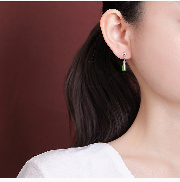 Khuyên tai nữ bạc S925 mạ vàng đính đá ngọc bích hình mây lành — Kiểu màu bạc chi tiết 6