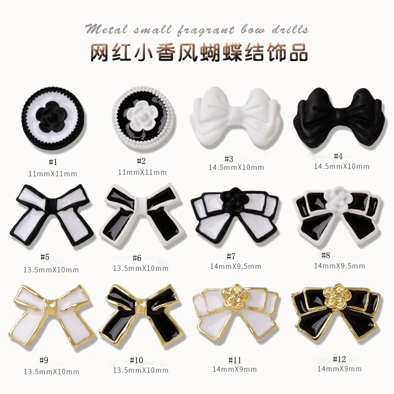 Big Sale Tweed Style Camellia Bow Japanese Style Manicure Jewelry Black and White Alloy Metal Diamond Nail Stickers