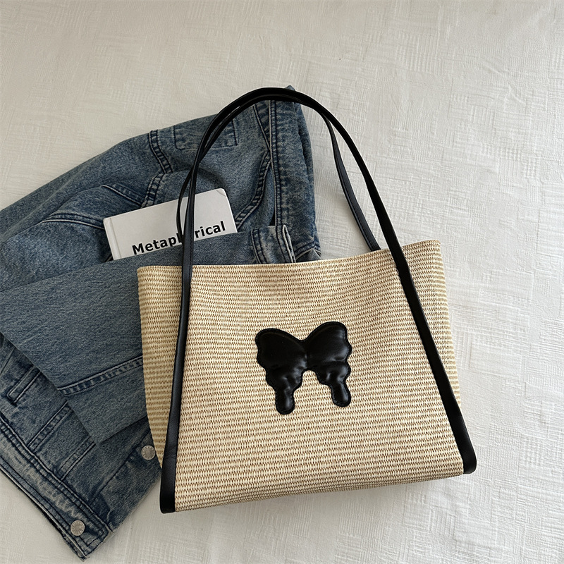 Bolsa de paja de gran capacidad para mujeres 2024 nueva mariposa de verano bolsa de viaje bolsa de tela bolsa de color contraste bolsa de playa