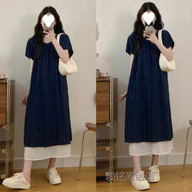 胖妹妹大码日系穿搭禅意风休闲格子A字裙摆连衣裙女200斤