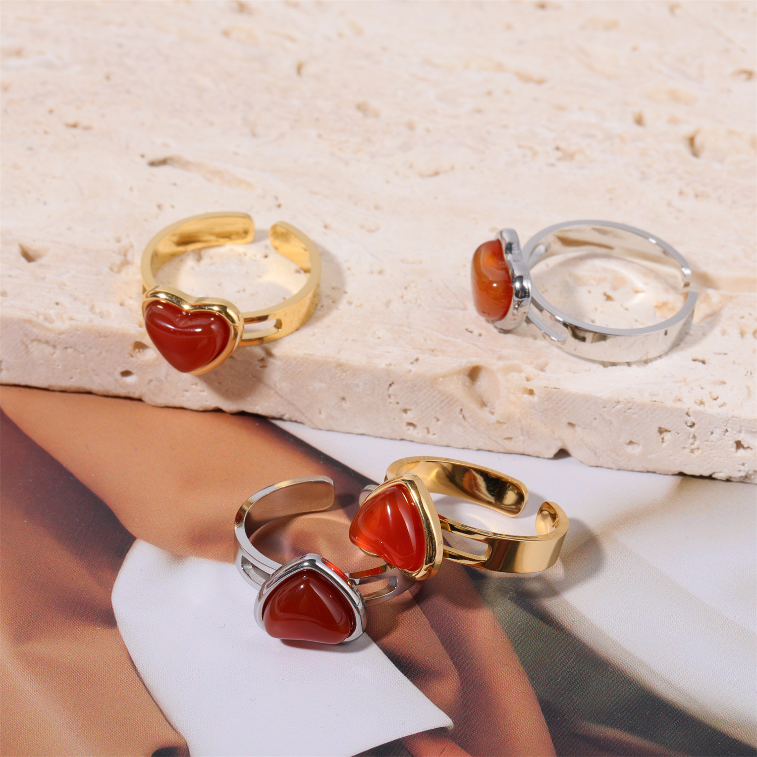 Rings Classification 1 Piece Quantity Holiday, Daily Occasion 304 Stainless Steel Agate Titanium Steel Retro Inlay Heart Shape Agate Rings