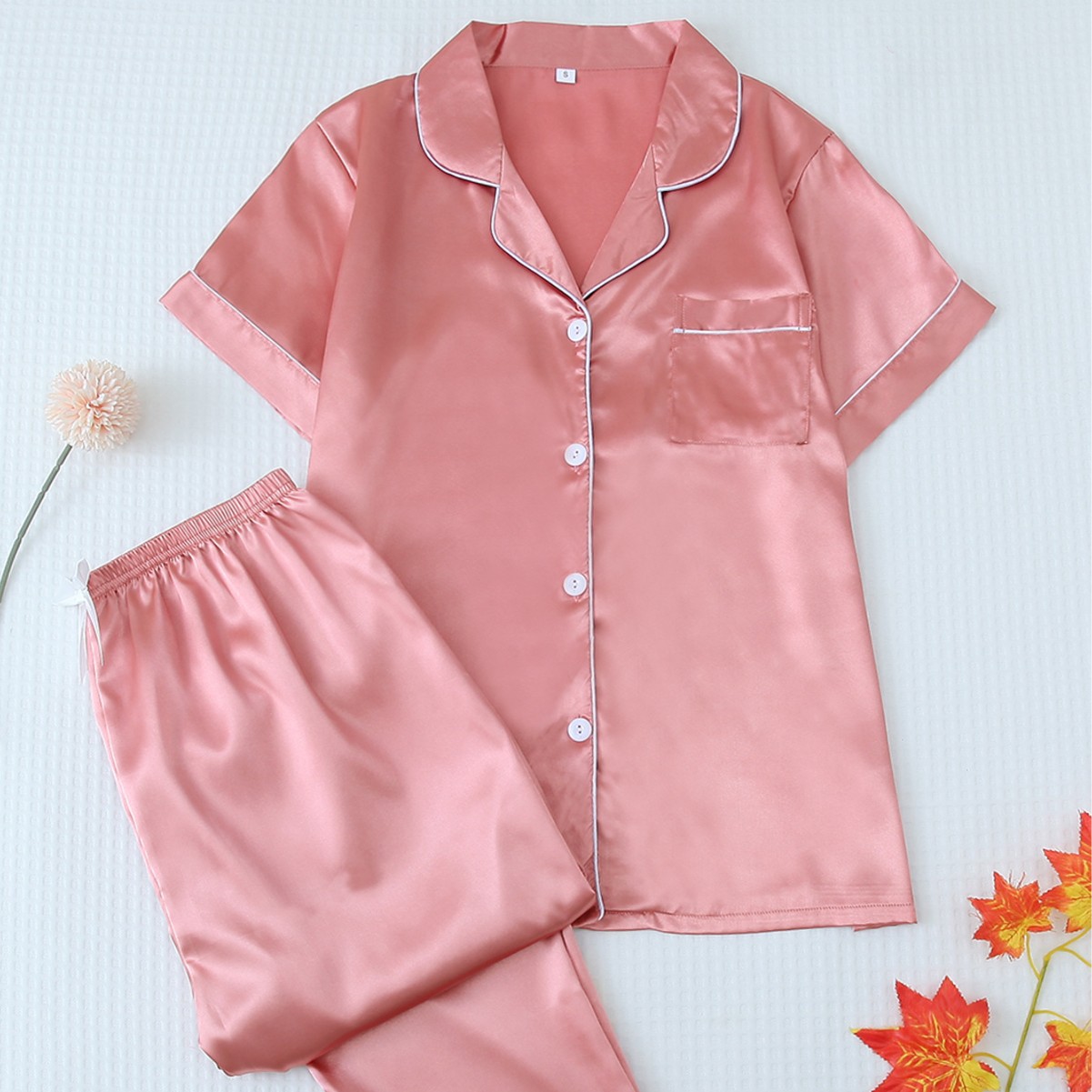 Dames satijnen nachtkleding set - korte mouwen en lange broek - zachte en comfortabele huiskleding (diverse kleuren en maten)_voghion.com