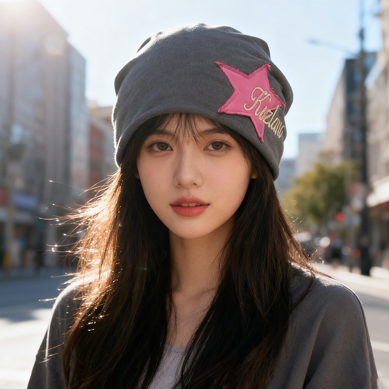 帽子女美式百搭学院风堆堆帽秋冬小众潮 ins星星包头帽护耳月子帽|undefined