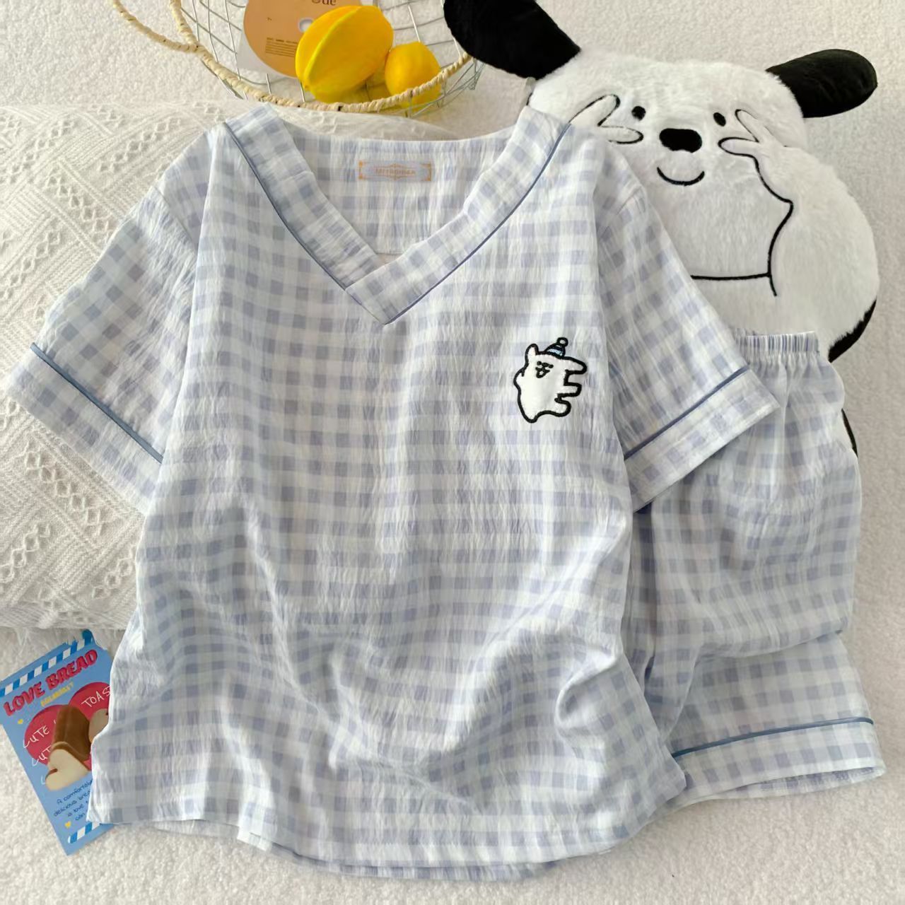 Al por mayor transfronterizo verano nubes pijamas de algodón de cuello en V de mujer pantalones cortos de manga corta lindos dibujos animados se pueden usar con ropa de casa