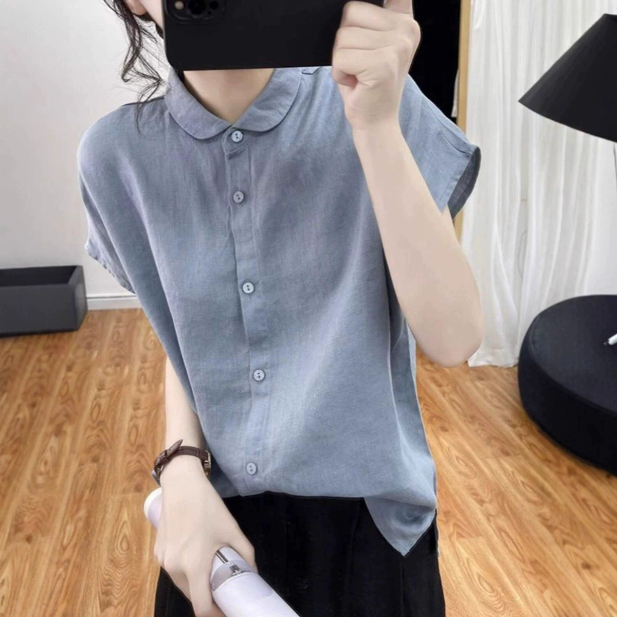 Хлопково-льняная рубашка с короткими рукавами, женская летняя новая однотонная хлопково-льняная рубашка в стиле ретро, ​​летняя рубашка, уменьшающая возраст