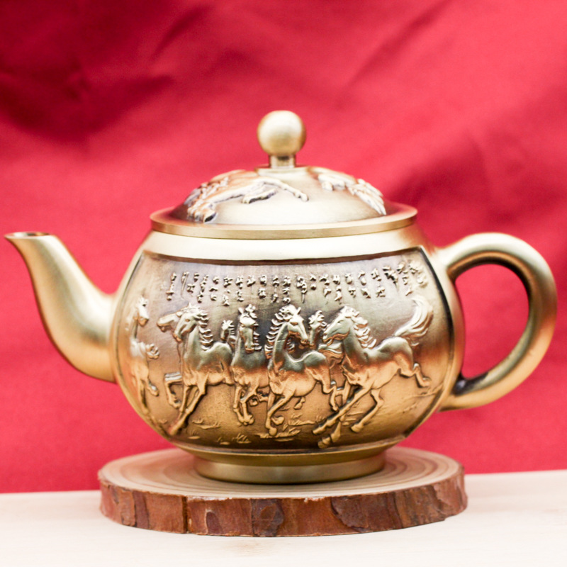 黄铜大号八骏马茶壶马到成功铜壶工艺品摆件家居功夫茶茶具摆件