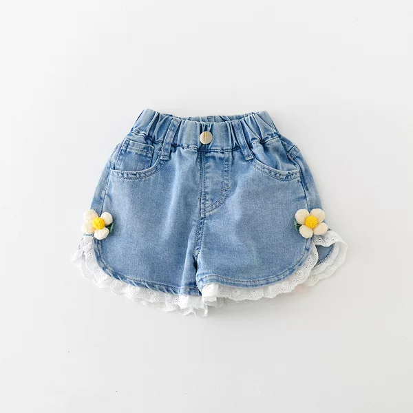 Summer New Baby and Toddler Girls' Sweet Shorts, Lace-Trimmed Floral Thin Denim Hot Pants