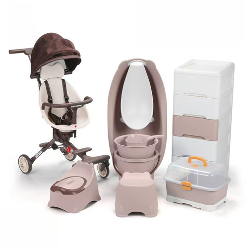 Baby bathtub set, consisting of bathtub, milk bottle storage box, water bucket, children's convenient push cart, potty storage cabinet, eight-piece set