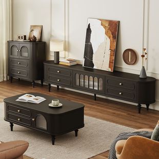 French-Style Cream Tv Cabinet and Coffee Table Set, Solid Wood, Light Luxury, High-End Feel, Living Room 2025 New Model, Curved Edge Storage Cabinet