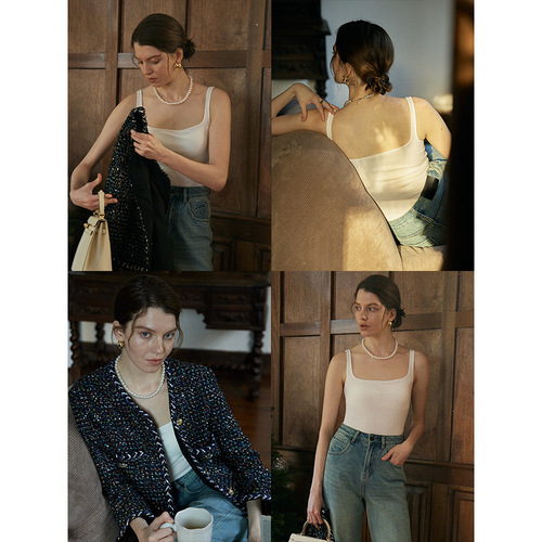 Sinan brings its own breast pads French square neck wide shoulder straps to cover the side breasts camisole beauty vest 2024 early spring SN2869