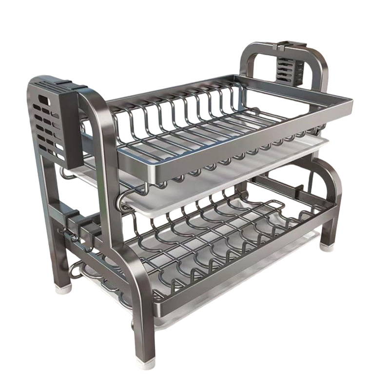 Estante de almacenamiento de platos de cocina estante de escritorio doméstico doble cubierta caja de palillos para platos estante de drenaje