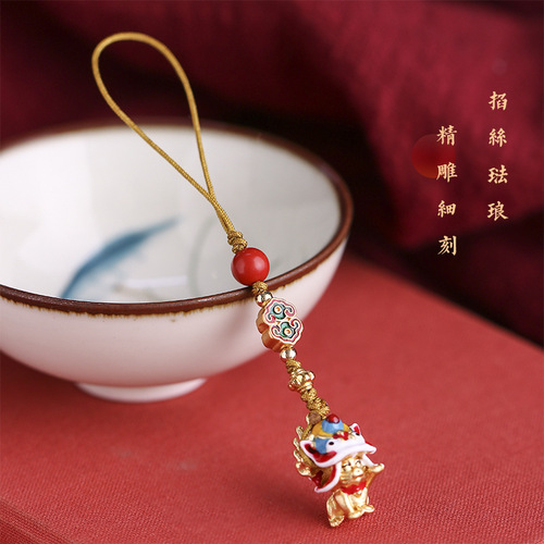 Ancient Gold Sand Copper Filigree Enamel Small Abacus Wealth-Awakening Lion Fu Character Seal Creative Traditional Style Phone/Bag Pendant