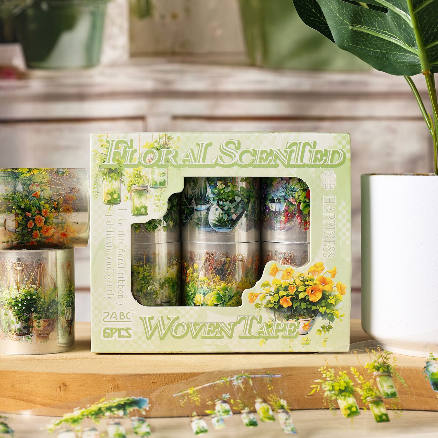 Serie de correas florales Pet tema floral cinta de caja material de decoración de bricolaje cinta de tienda de mano de paisaje de collage