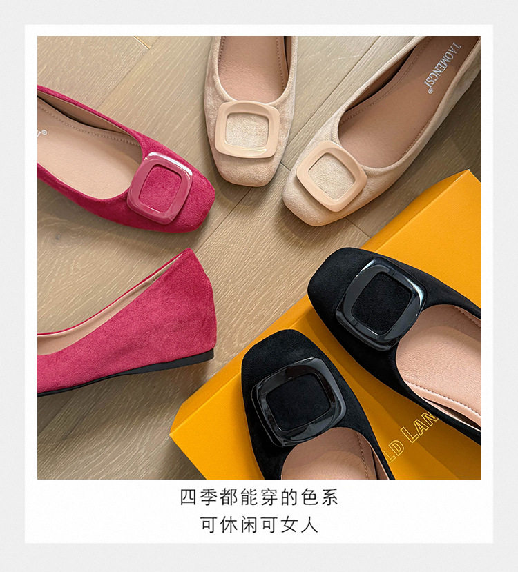 Giày bệt nữ mũi vuông khóa ngang, cổ thấp chất liệu nhung, gót xuồng 3–6 cm — Màu be, màu đen, màu đỏ chi tiết 7