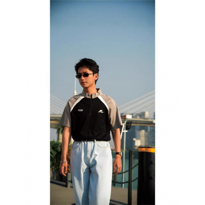 Heji Hong Kong Style Retro Hong Kong Style Stand Collar Color Block T-Shirt Men's Golf Summer Short Sleeve Top