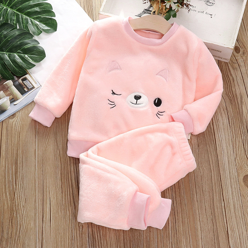 Flannel pajama set kitten pink