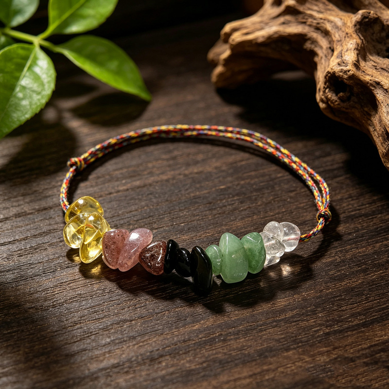 TK's popular crystal bracelet is made of natural strawberry crystal chips and is a woven bracelet that can be adjusted to fit the seven chakras, featuring colorful crystals