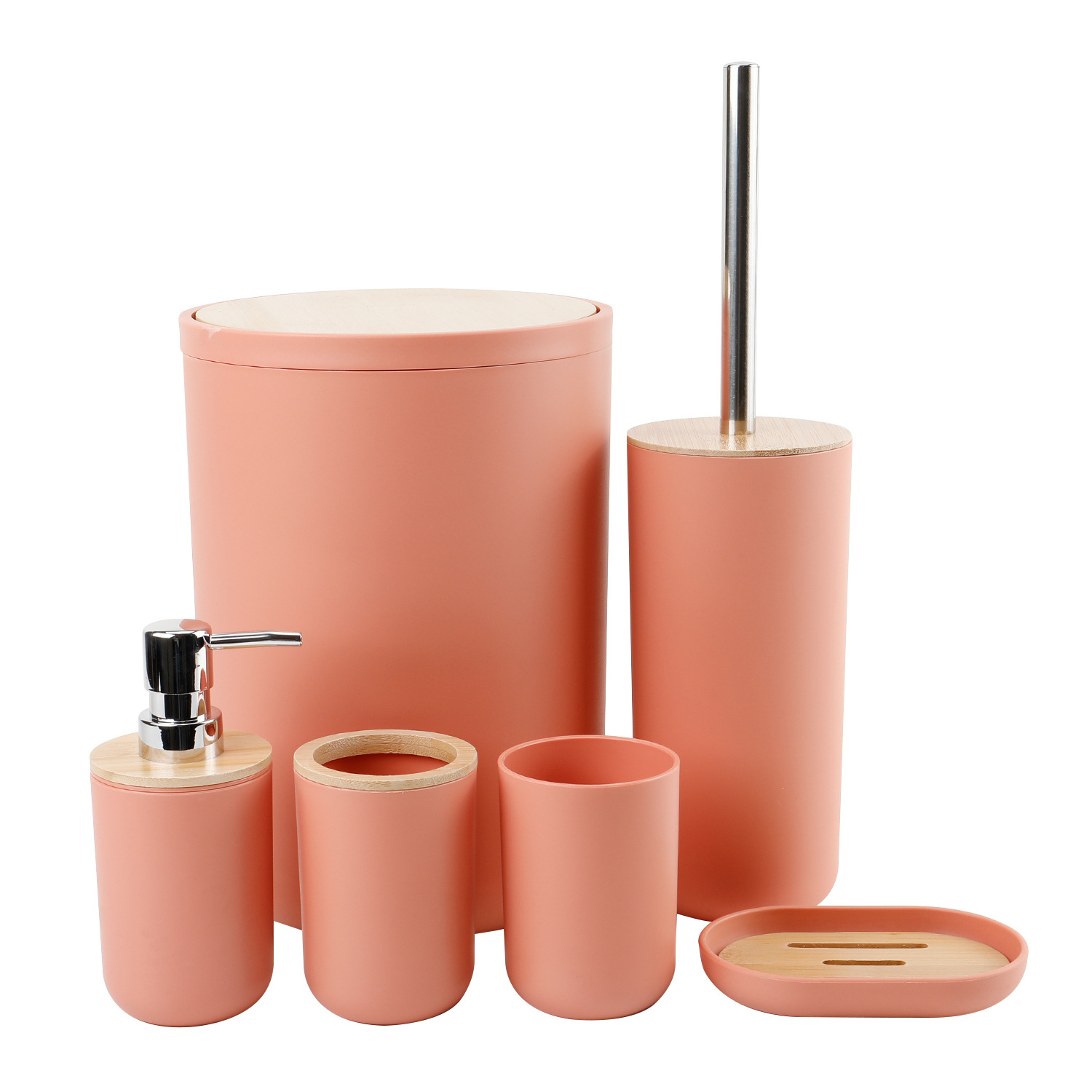 Cubierta de bambú de lavado de baño de plástico de seis piezas de la fábrica al por mayor de almacenamiento de baño estante titular de cepillo de dientes de basura puede