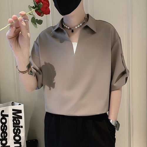 Hoodlum cool handsome ice silk thin V-neck T-shirt for men, summer new items, Instagram trendy breathable short-sleeved men's clothing, casual top