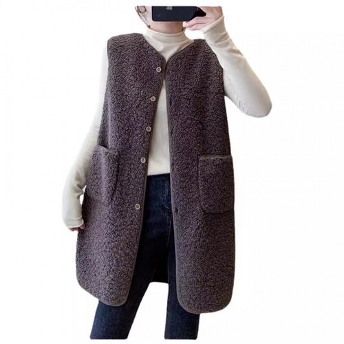 Women's Long Cardigan Vest for Autumn/Winter, Fashionable New Design, Trendy Outerwear with Faux Lamb Wool Material