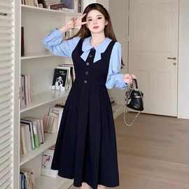 学院风减龄少女连衣裙2025秋冬拼接撞色娃娃领假两件收腰显瘦裙子