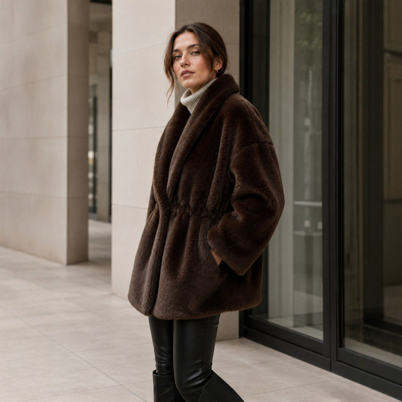 Faux fur coat, fitted waist, versatile mink coat, high-quality mink fur outerwear for cross-border sales, thickened for autumn and winter, with a green collar