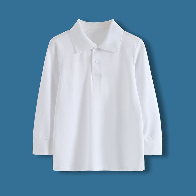 White long-sleeved cotton T-shirt for boys and girls, solid color polo shirt for older children, elementary school class uniform.